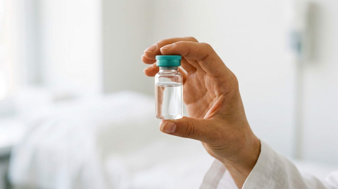 Hand holding a precision peptide vial in clinical setting