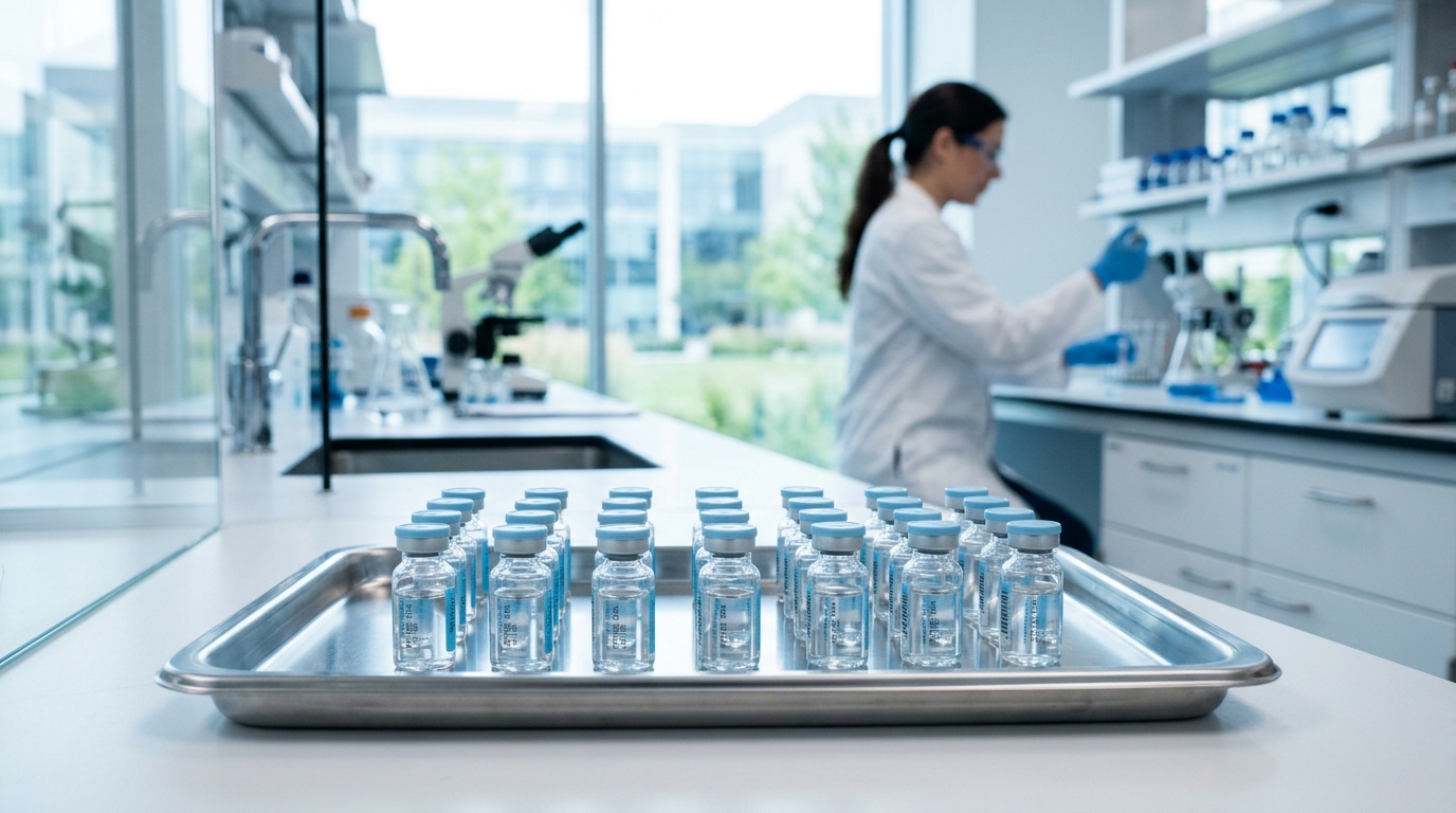 Peptide vials on pharmaceutical tray in modern laboratory